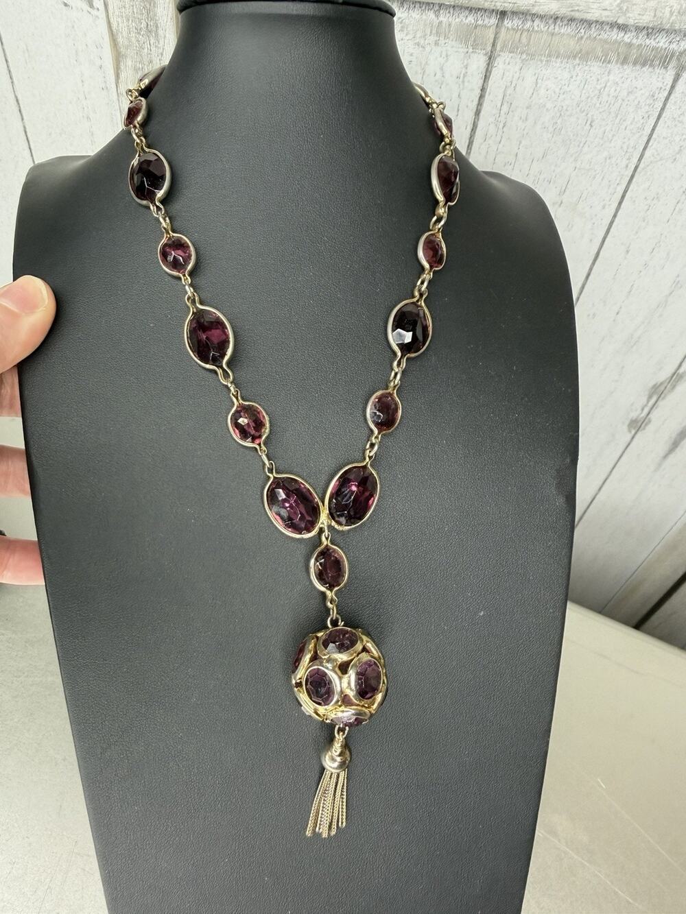 Vintage Purple Faceted Gold Tone & Large Globe With Tassel Necklace 80s 90s